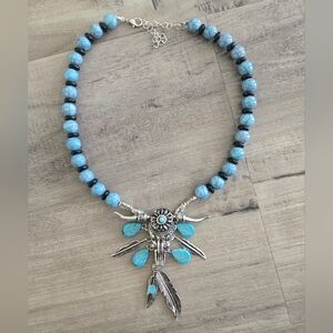 Ox Cow Skull Dangle Feathers Necklace Silver Blue/Black Beads Western Cowgirl